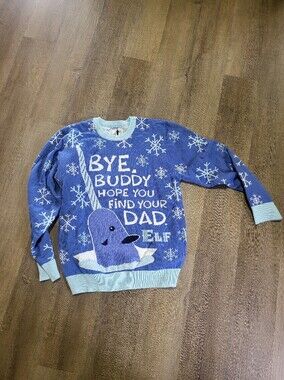 NWOT ELF Blue Novelty 'Bye Buddy' Narwhal Crewneck Sweater Unisex Ugly Christmas